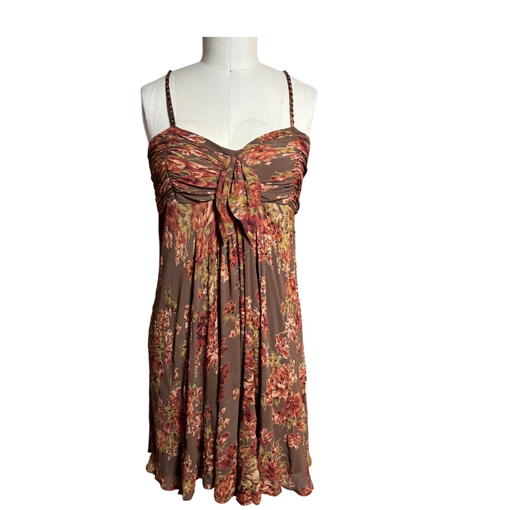 Eva Blue Floral Mini Dress Womens Brown Beaded Ruched Sleeveless